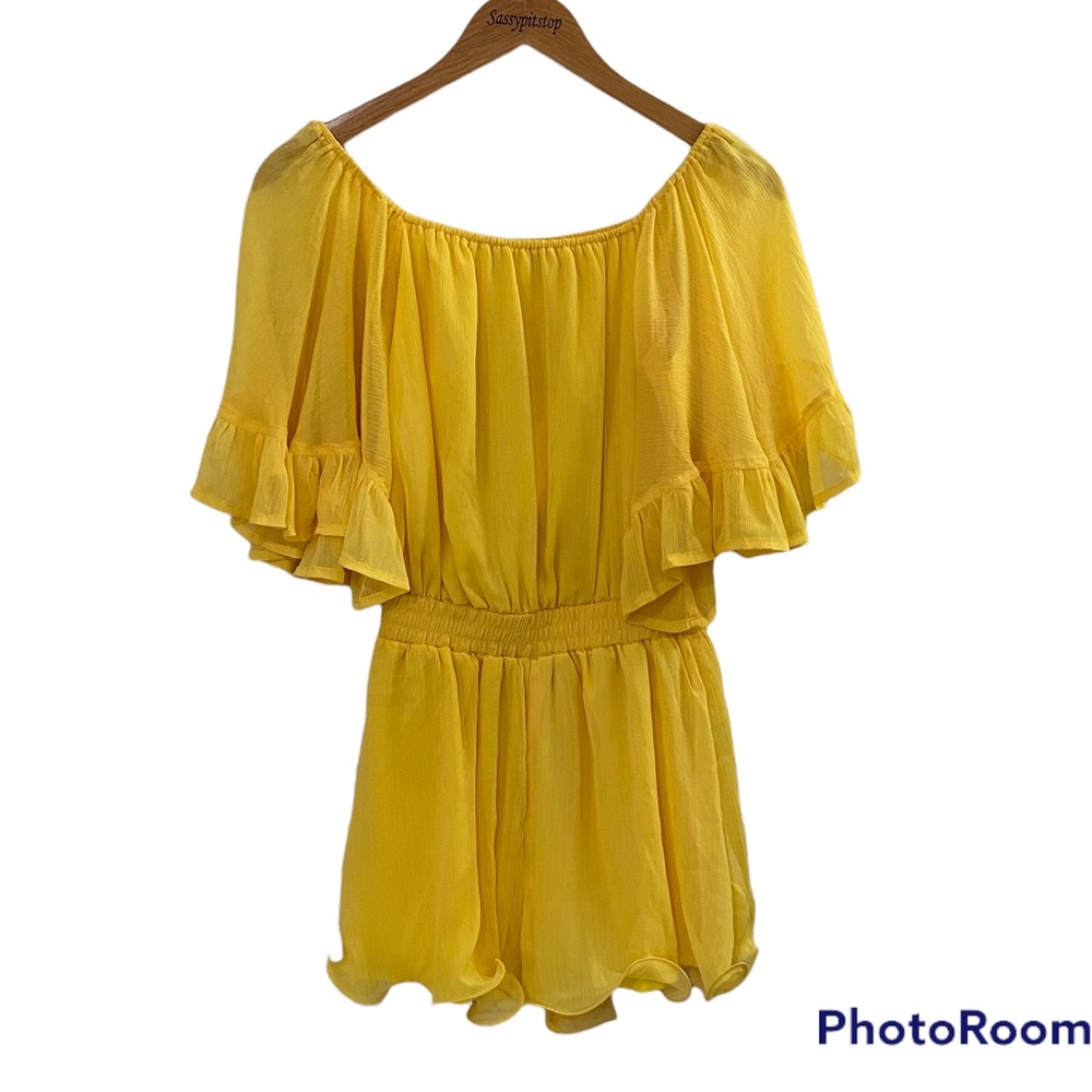 ENDLESS ROSE Yellow Off Shoulder Ruffle Shorts Romper - Picture 8 of 16